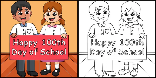 Esta Página Para Colorear Muestra Feliz Día 100 Estudiante Escuela — Vector de stock