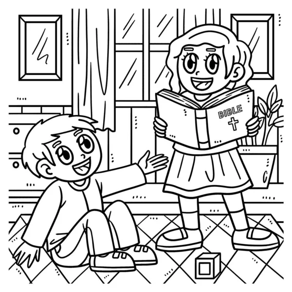 Cute Funny Coloring Page Christian Children Reading Bible Stories Provides — Stock Vector