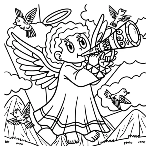 Cute Funny Coloring Page Angel Blowing Trumpet Provides Hours Coloring — Stock Vector