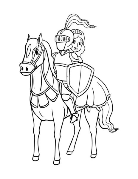Uma Página Colorir Bonito Engraçado Cavaleiro Princesa Montando Cavalo Fornece — Vetor de Stock