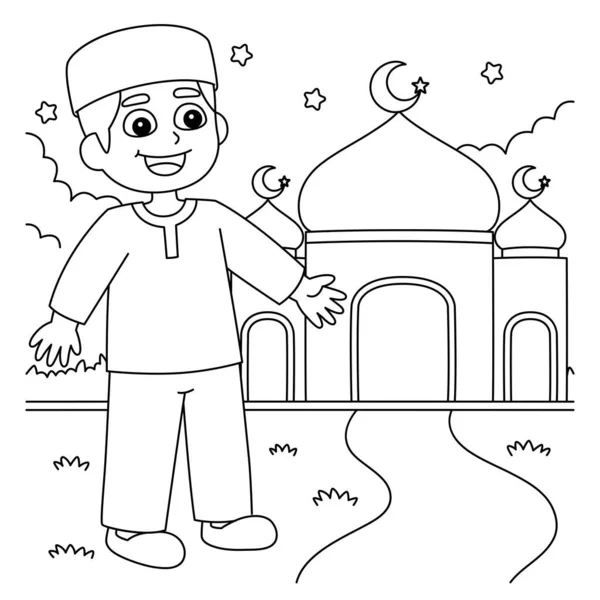 Uma Página Colorir Bonito Engraçado Menino Muçulmano Ramadã Frente Mesquita — Vetor de Stock
