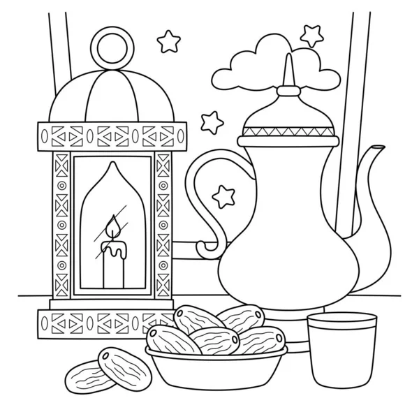 Une Page Colorier Mignonne Drôle Une Lanterne Ramadan Thé Dates — Image vectorielle