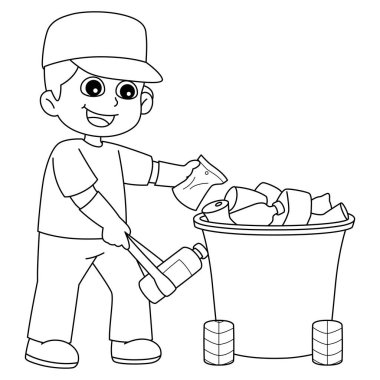 Çöp toplayan bir çocuğun sevimli ve komik renkli sayfası. Çocuklar için saatlerce boyama eğlencesi sağlıyor. Renk, bu sayfa çok kolay. Küçük çocuklar ve yeni yürümeye başlayanlar için uygun..