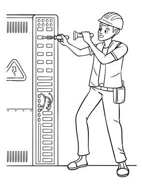Elektrikçinin sevimli ve komik renkli sayfası. Çocuklar için saatlerce boyama eğlencesi sağlıyor. Renk, bu sayfa çok kolay. Küçük çocuklar ve yeni yürümeye başlayanlar için uygun..