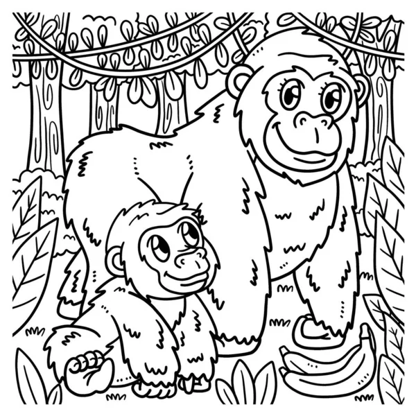 Cute Funny Coloring Page Mother Gorilla Baby Gorilla Provides Hours — Image vectorielle