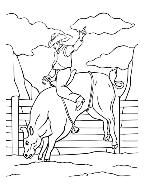Uma Página Colorir Bonito Engraçado Bull Riding Fornece Horas Diversão — Vetor de Stock