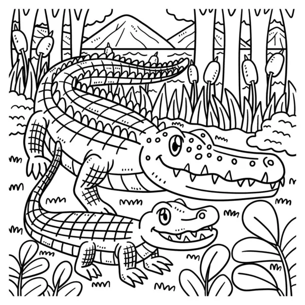 Słodki Zabawny Kolorowanki Mother Crocodile Hatchling Zapewnia Godziny Kolorowanki Zabawy — Wektor stockowy