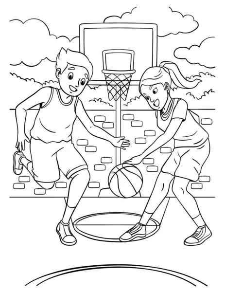 Uma Página Colorir Bonito Engraçado Basketball Kids Playing Fornece Horas — Vetor de Stock