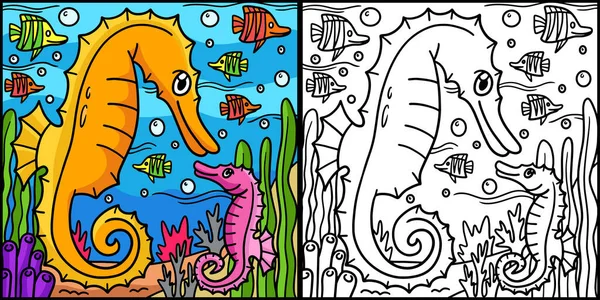 Coloring Page Shows Sea Horse One Side Illustration Colored Serves — Image vectorielle