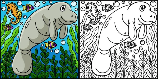 Coloring Page Shows Manatee One Side Illustration Colored Serves Inspiration — Archivo Imágenes Vectoriales