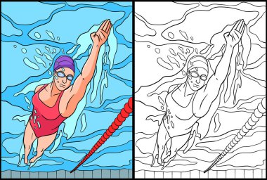 Bu boyama sayfası yüzmeyi gösteriyor. Bu illüstrasyonun bir tarafı renkli ve çocuklar için bir ilham kaynağı..