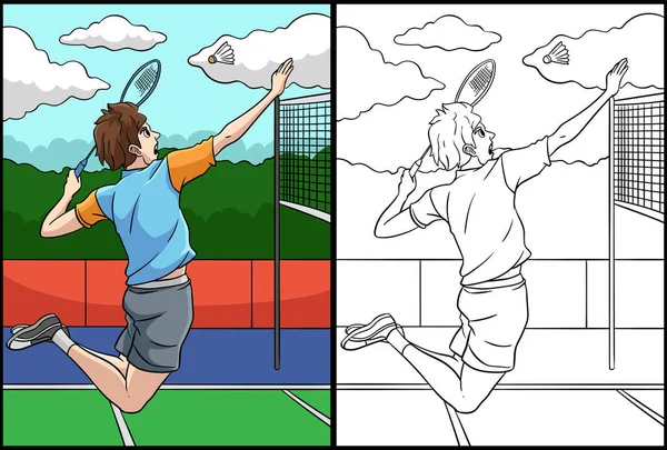 Kolorowanka Pokazuje Badmintona Jedna Strona Tej Ilustracji Jest Kolorowa Służy — Wektor stockowy