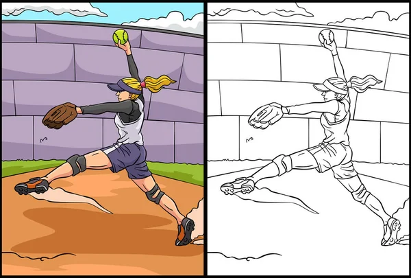 Kolorowanka Pokazuje Softball Jedna Strona Tej Ilustracji Jest Kolorowa Służy — Wektor stockowy