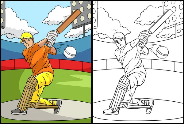 Coloring Page Shows Cricket One Side Illustration Colored Serves Inspiration — Vetor de Stock