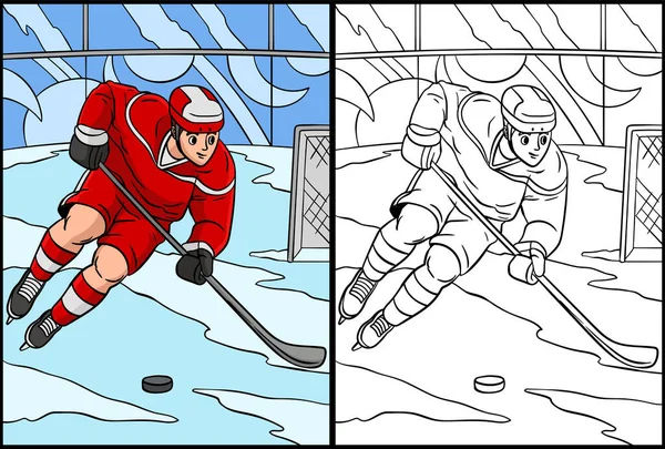 Coloring Page Shows Ice Hockey One Side Illustration Colored Serves — Vetor de Stock