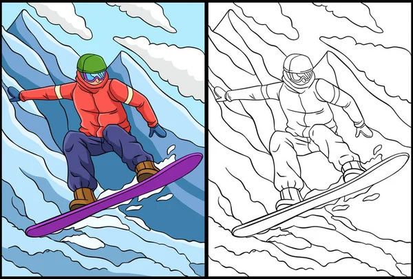 Kolorowanka Pokazuje Snowboarding Jedna Strona Tej Ilustracji Jest Kolorowa Służy — Wektor stockowy