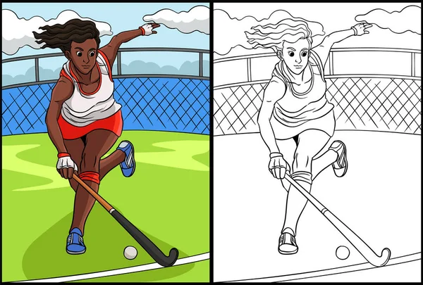 Coloring Page Shows Field Hockey One Side Illustration Colored Serves — Vetor de Stock