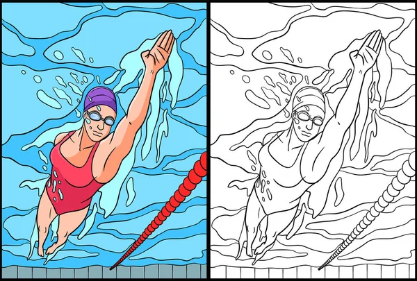 Kolorowanka Pokazuje Pływanie Jedna Strona Tej Ilustracji Jest Kolorowa Służy — Wektor stockowy
