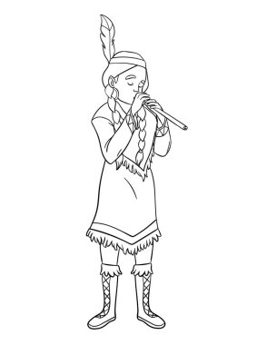 A cute and funny coloring page Native American Indian Girl Playing Flute. Provides hours of coloring fun for children. Color, this page is very easy. Suitable for little kids and toddlers.
