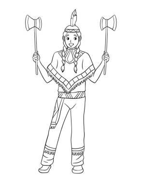 A cute and funny coloring page for Native American Indian With Tomahawk. Provides hours of coloring fun for children. Color, this page is very easy. Suitable for little kids and toddlers.