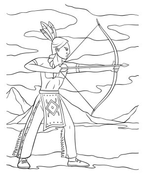 A cute and funny coloring page of a Native American Indian with a Bow and Arrow. Provides hours of coloring fun for children. Color, this page is very easy. Suitable for little kids and toddlers.