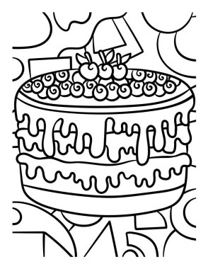 A cute and funny coloring page of a cake. Provides hours of coloring fun for children. To color, this page is very easy. Suitable for little kids and toddlers. 
