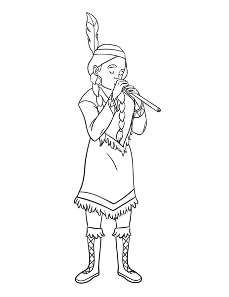 Cute Funny Coloring Page Native American Indian Girl Playing Flute — Stockvector