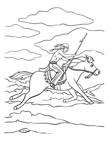 Гарна Кумедна Сторінка Кольорами Індіанського Індіанця Який Їздить Верхи Коні — стоковий вектор