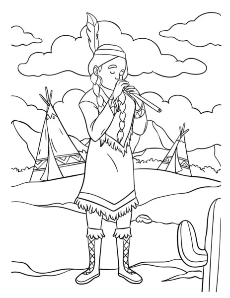 Симпатичная Смешная Раскраска Индейской Девушки Играющей Флейте Обеспечивает Детям Часы — стоковый вектор