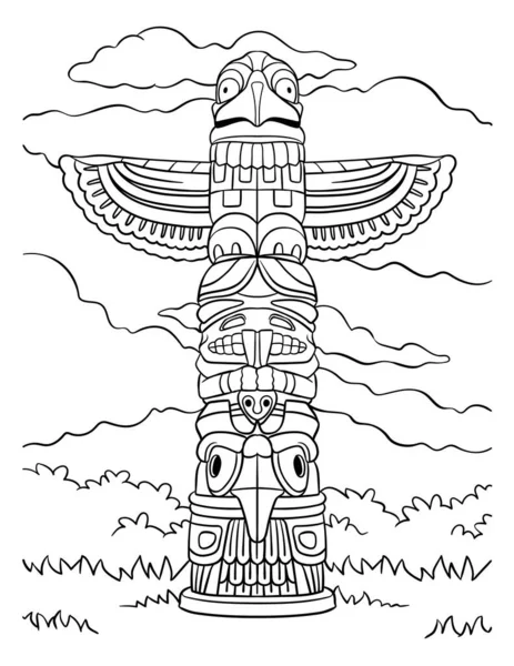 Cute Funny Coloring Page Native American Indian Totem Provides Hours — Vector de stock