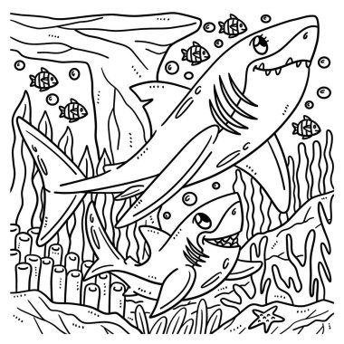 A cute and funny coloring page of a Mother and Baby Great White Shark. Provides hours of coloring fun for children. Color, this page is very easy. Suitable for little kids and toddlers.