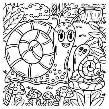 A cute and funny coloring page of a Mother Snail and Baby Snail. Provides hours of coloring fun for children. Color, this page is very easy. Suitable for little kids and toddlers. clipart