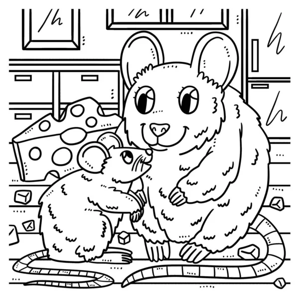 Cute Funny Coloring Page Mother Mouse Baby Mouse Provides Hours — Stock Vector