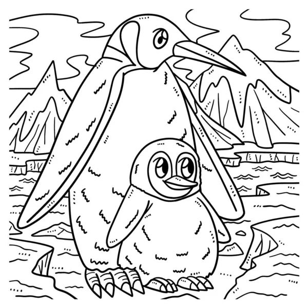 Cute Funny Coloring Page Mother Penguin Baby Penguin Provides Hours — 스톡 벡터