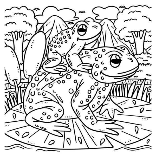 母カエルと赤ちゃんカエルのかわいいと面白い着色ページ 子供のための着色の楽しみの時間を提供します このページは非常に簡単です 小さな子供や幼児に適しています — ストックベクタ