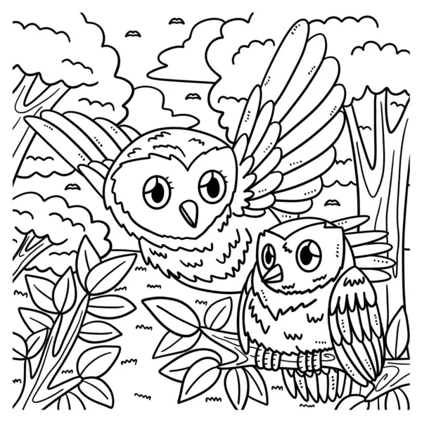 Cute Funny Coloring Page Mother Owl Baby Owl Provides Hours — Stockový vektor