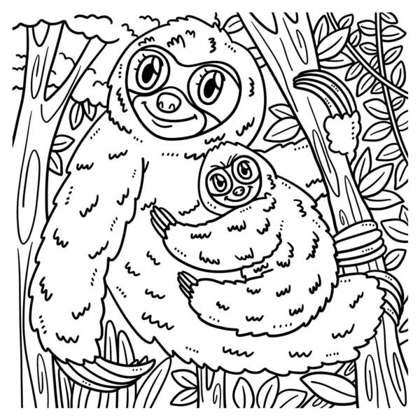 Cute Funny Coloring Page Mother Sloth Baby Sloth Provides Hours — Stok Vektör