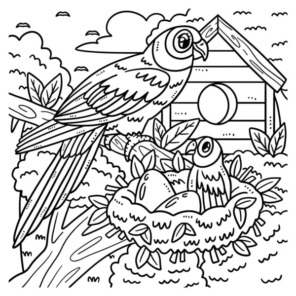 Cute Funny Coloring Page Mother Parrot Baby Parrot Provides Hours — Stock Vector