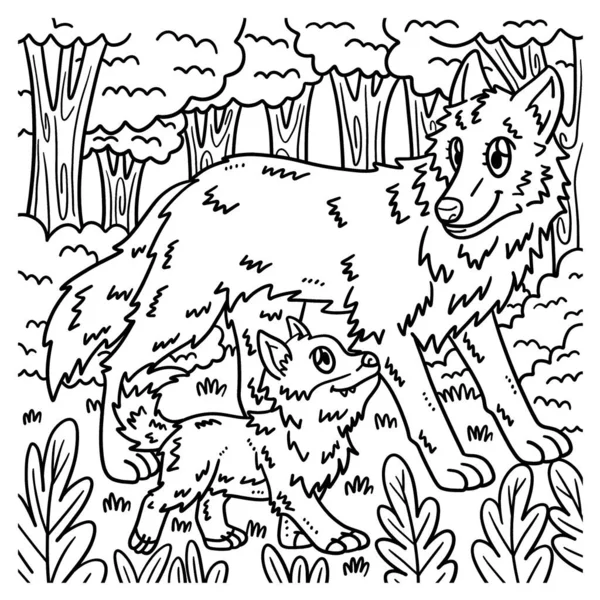 Cute Funny Coloring Page Mother Wolf Baby Wolf Provides Hours — Stock Vector