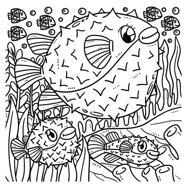 Cute Funny Coloring Page Mother Pufferfish Baby Pufferfish Provides Hours — Vetor de Stock