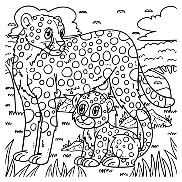Cute Funny Coloring Page Mother Cheetah Baby Cheetah Provides Hours — Wektor stockowy