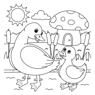 A cute and funny coloring page of a Spring Mother Duck and Duckling. Provides hours of coloring fun for children. Color, this page is very easy. Suitable for little kids and toddlers.