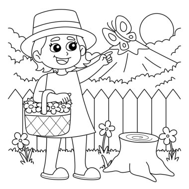 A cute and funny coloring page of a Spring Girl Holding a Basket with Flowers. Provides hours of coloring fun for children. Color, this page is very easy. Suitable for little kids and toddlers.