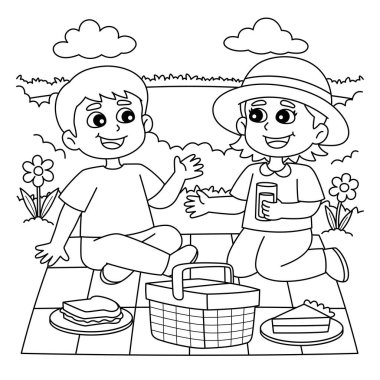 A cute and funny coloring page of a Spring Girl and Boy Having a Picnic. Provides hours of coloring fun for children. Color, this page is very easy. Suitable for little kids and toddlers.