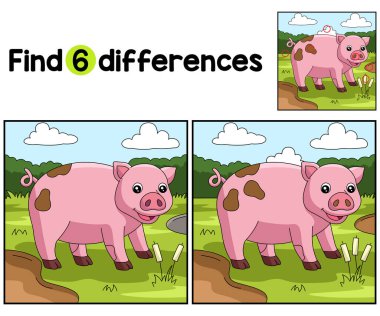 Find or spot the differences on this pig kids activity page. A funny and educational puzzle matching game for children.