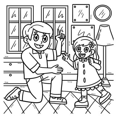 A cute and funny coloring page of a Father and Daughter. Provides hours of coloring fun for children. Color, this page is very easy. Suitable for little kids and toddlers.