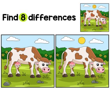 Find or spot the differences on this cow kids activity page. A funny and educational puzzle-matching game for children.