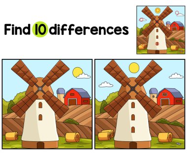 Find or spot the differences on this windmill kids activity page. A funny and educational puzzle matching game for children.