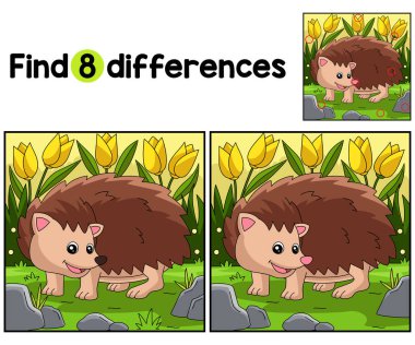 Find or spot the differences on this hedgehog kids activity page. A funny and educational puzzle-matching game for children.