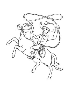 A cute and funny coloring page of a Cowboy Throwing a Lasso on a Horse. Provides hours of coloring fun for children. Color, this page is very easy. Suitable for little kids and toddlers.
